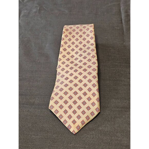 Vintage Arnie Men's Silk Tie With Geometric Pattern In Tan & Red - Picture 1 of 9